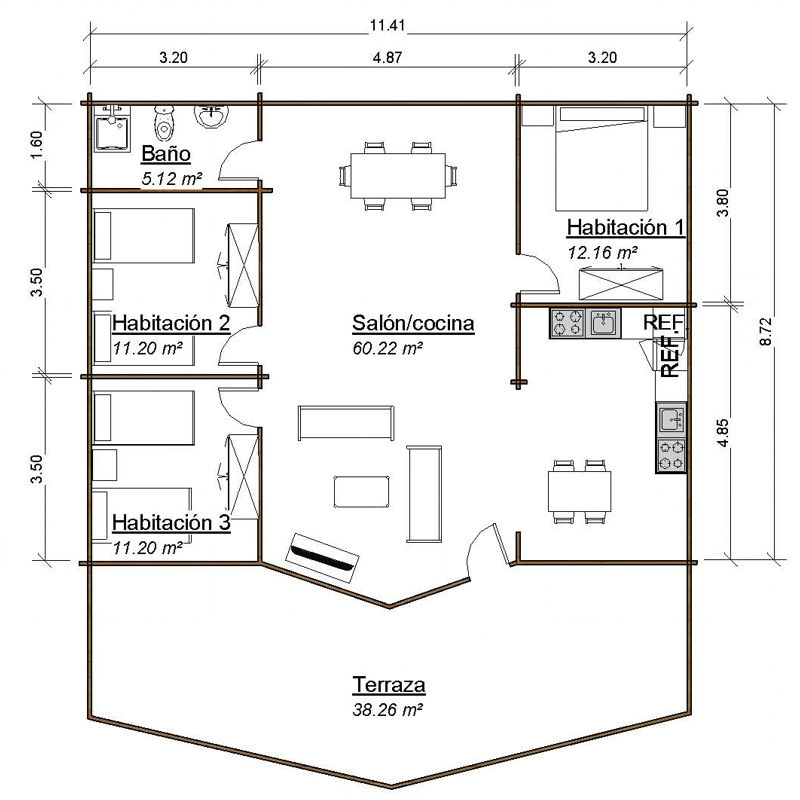 Plano 1 de casa Moderna de 100 m2.